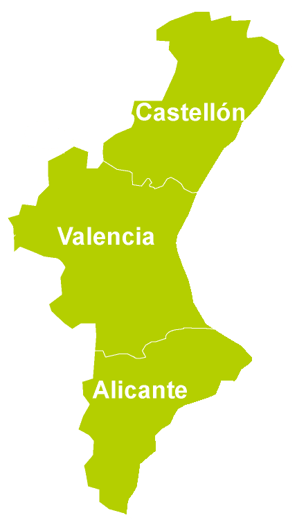Mapa de la Comunitat Valenciana: Castellón, Valencia y Alicante